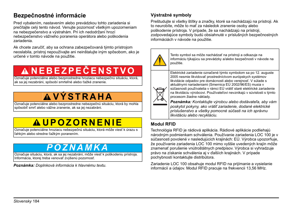Bezpečnostné informácie | Hach-Lange LOC 100 User Manual | Page 184 / 231