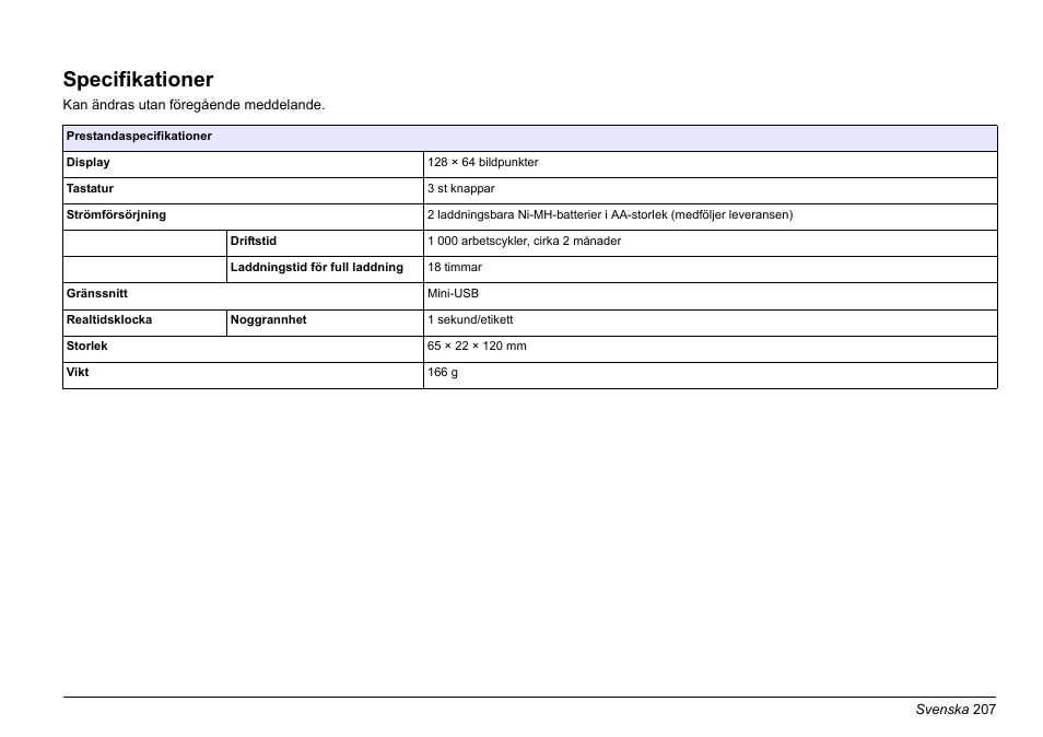 Svenska, Specifikationer | Hach-Lange LOC 100 User Manual | Page 207 / 231
