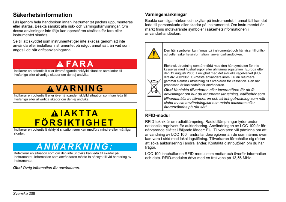 Säkerhetsinformation, Fa r a | Hach-Lange LOC 100 User Manual | Page 208 / 231
