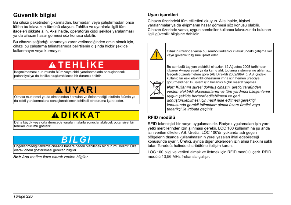 Güvenlik bilgisi, U ya r i | Hach-Lange LOC 100 User Manual | Page 220 / 231