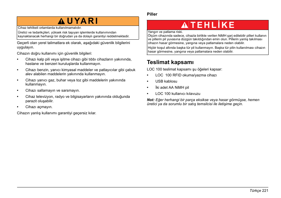 Teslimat kapsamı, U ya r i | Hach-Lange LOC 100 User Manual | Page 221 / 231