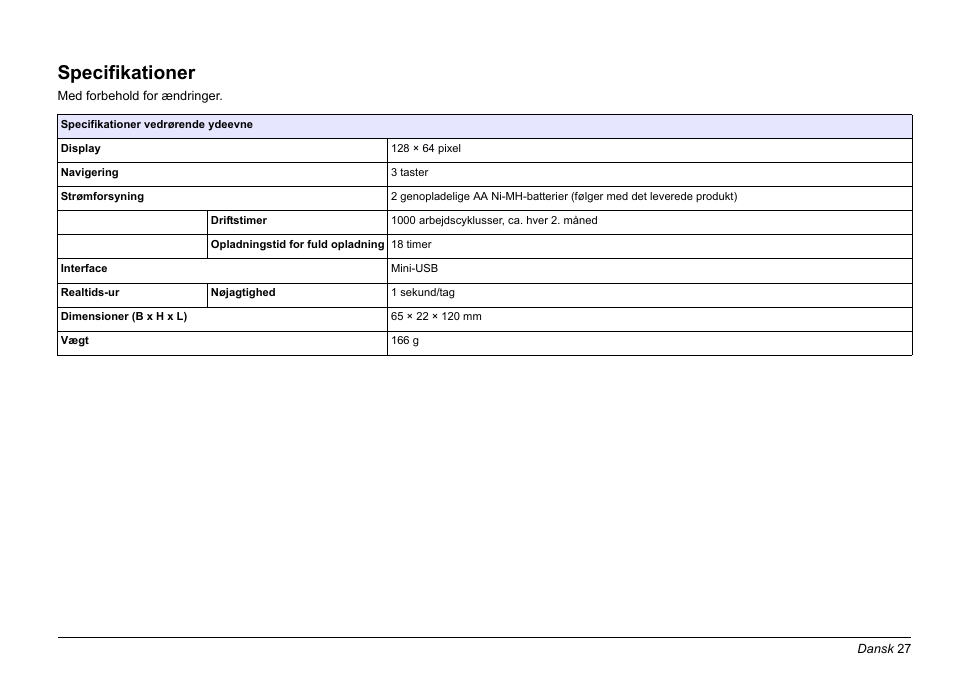 Dansk, Specifikationer | Hach-Lange LOC 100 User Manual | Page 27 / 231