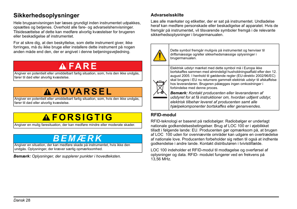 Sikkerhedsoplysninger, Fa r e | Hach-Lange LOC 100 User Manual | Page 28 / 231