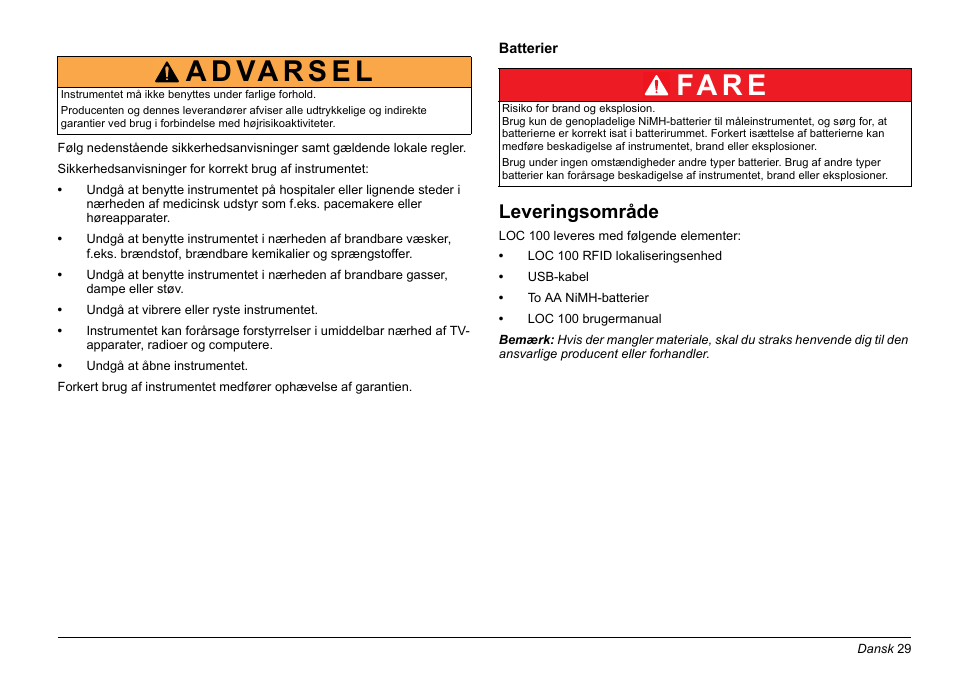 Leveringsområde, Fa r e | Hach-Lange LOC 100 User Manual | Page 29 / 231