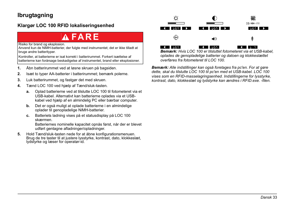 Ibrugtagning, Fa r e | Hach-Lange LOC 100 User Manual | Page 33 / 231