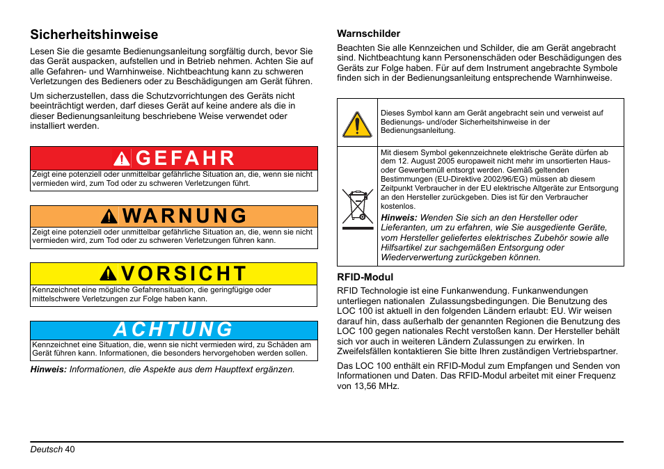 Sicherheitshinweise, G e fa h r | Hach-Lange LOC 100 User Manual | Page 40 / 231