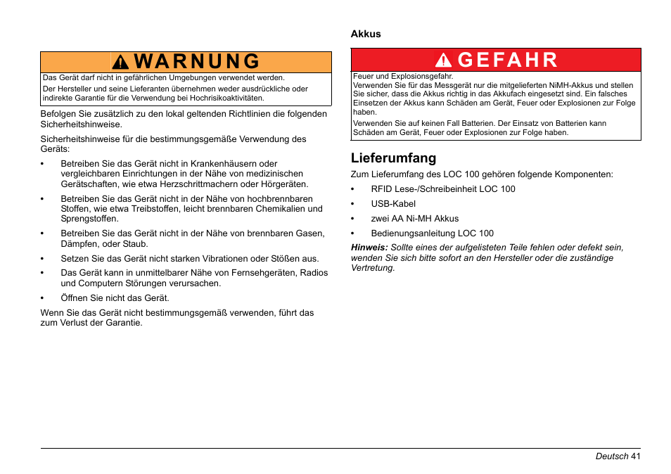 Lieferumfang, G e fa h r | Hach-Lange LOC 100 User Manual | Page 41 / 231