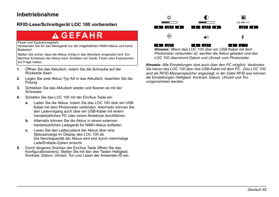 Inbetriebnahme, G e fa h r | Hach-Lange LOC 100 User Manual | Page 45 / 231
