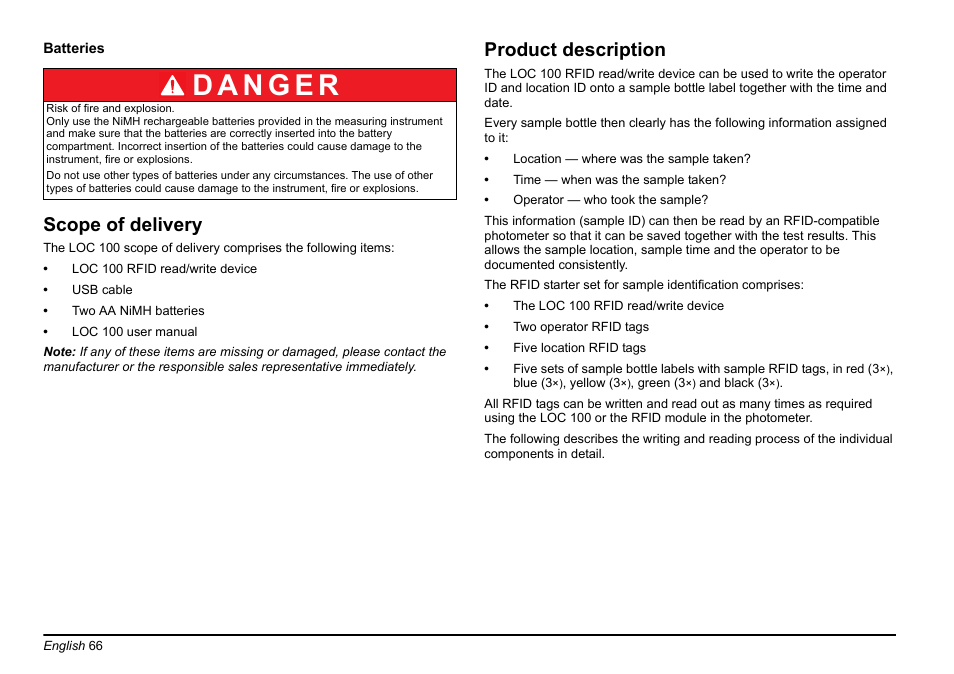 Scope of delivery, Product description | Hach-Lange LOC 100 User Manual | Page 66 / 231