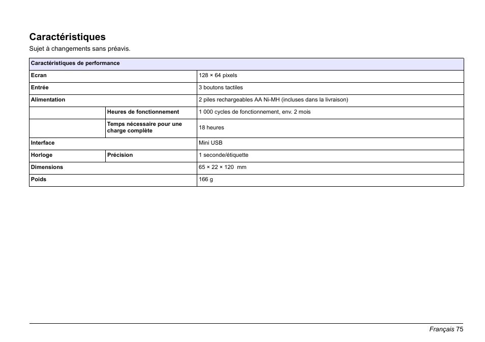 Français, Caractéristiques | Hach-Lange LOC 100 User Manual | Page 75 / 231