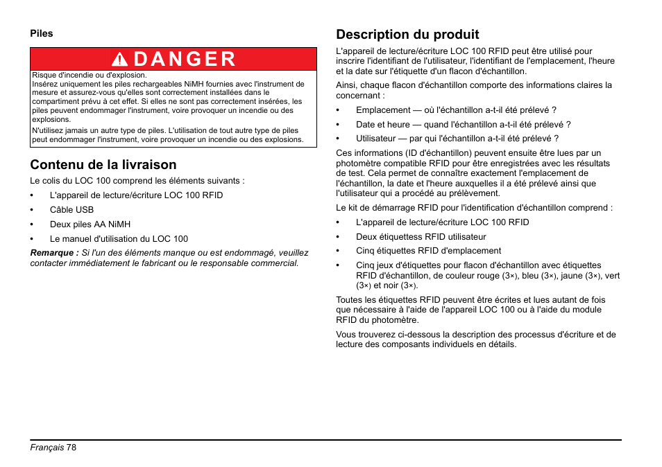 Contenu de la livraison, Description du produit | Hach-Lange LOC 100 User Manual | Page 78 / 231
