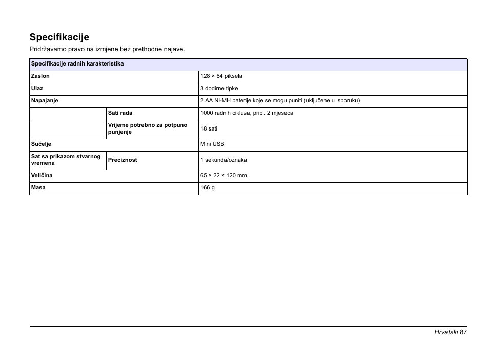 Hrvatski, Specifikacije | Hach-Lange LOC 100 User Manual | Page 87 / 231