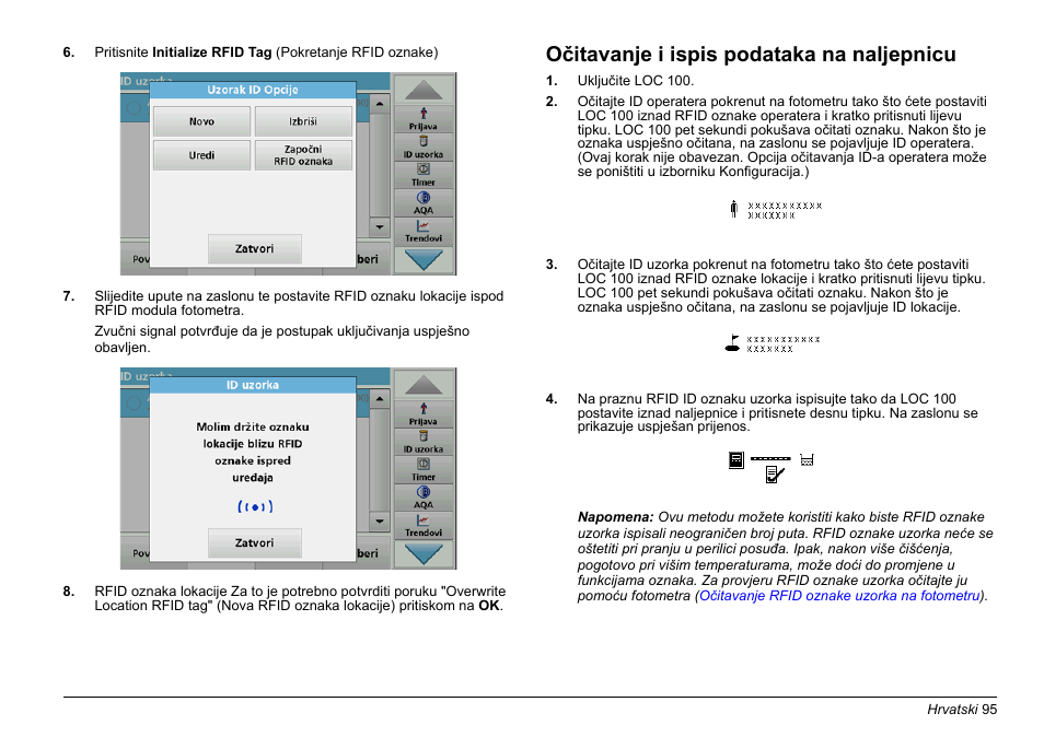 Očitavanje i ispis podataka na naljepnicu | Hach-Lange LOC 100 User Manual | Page 95 / 231