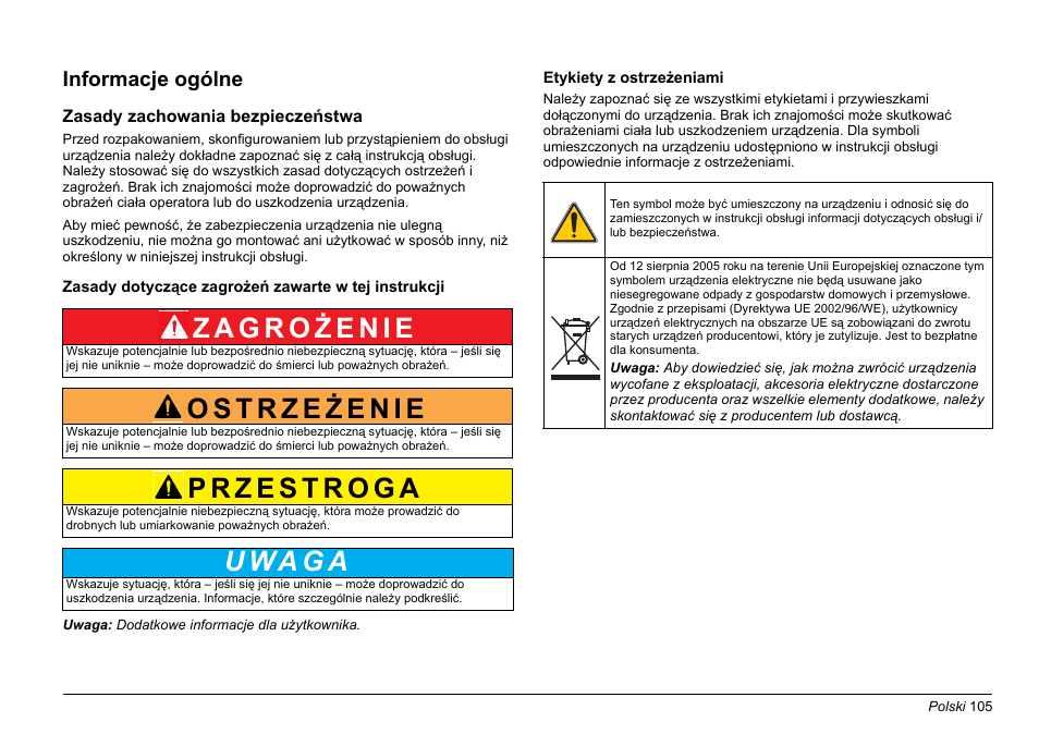 Polski, U wa g a, Informacje ogólne | Hach-Lange LZV902 User Manual | Page 105 / 169