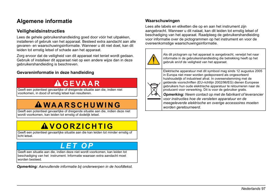 Nederlands, G e va a r, Algemene informatie | Hach-Lange LZV902 User Manual | Page 97 / 169