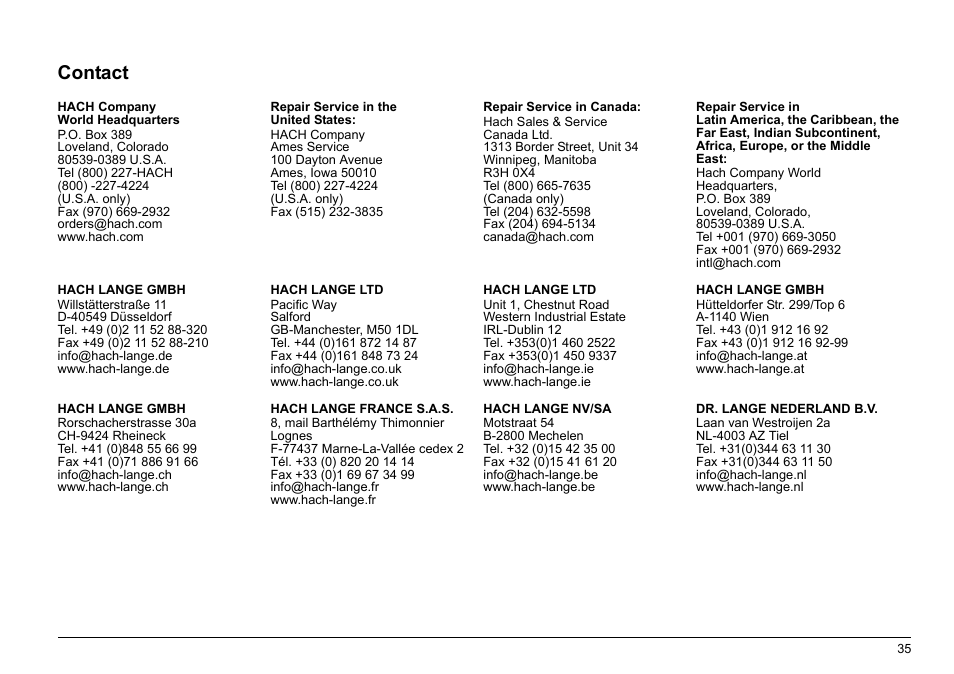 Contact | Hach-Lange LUMISTOX 300 Basic User Manual User Manual | Page 36 / 38