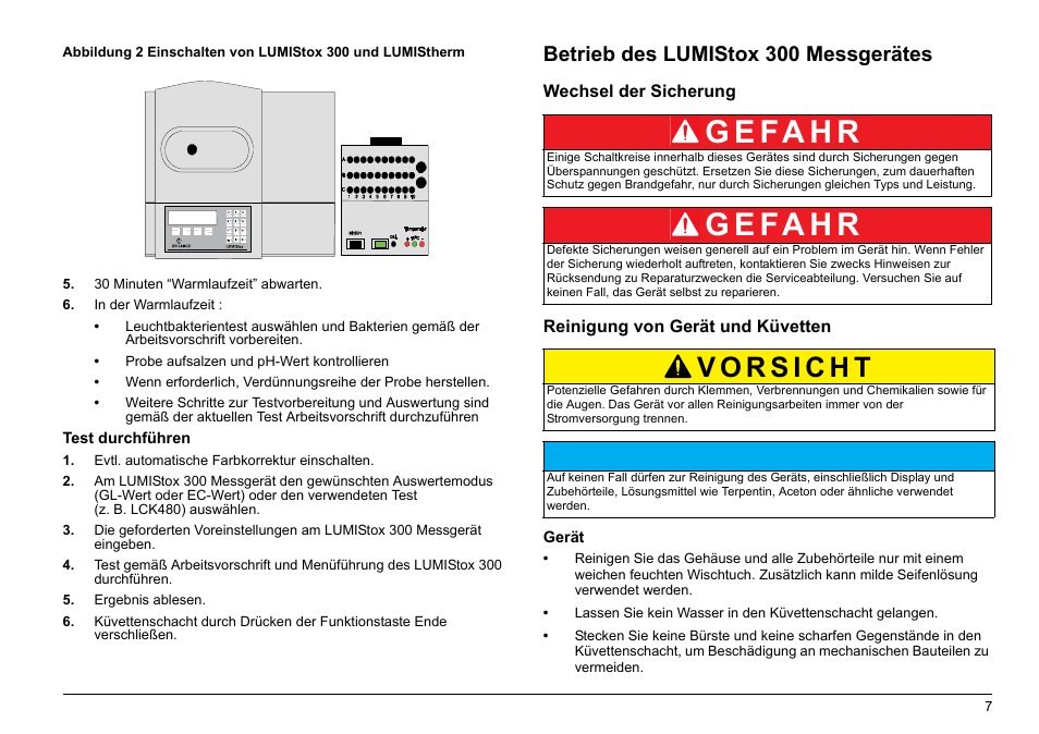 G e fa h r, Betrieb des lumistox 300 messgerätes | Hach-Lange LUMISTOX 300 Basic User Manual User Manual | Page 8 / 38