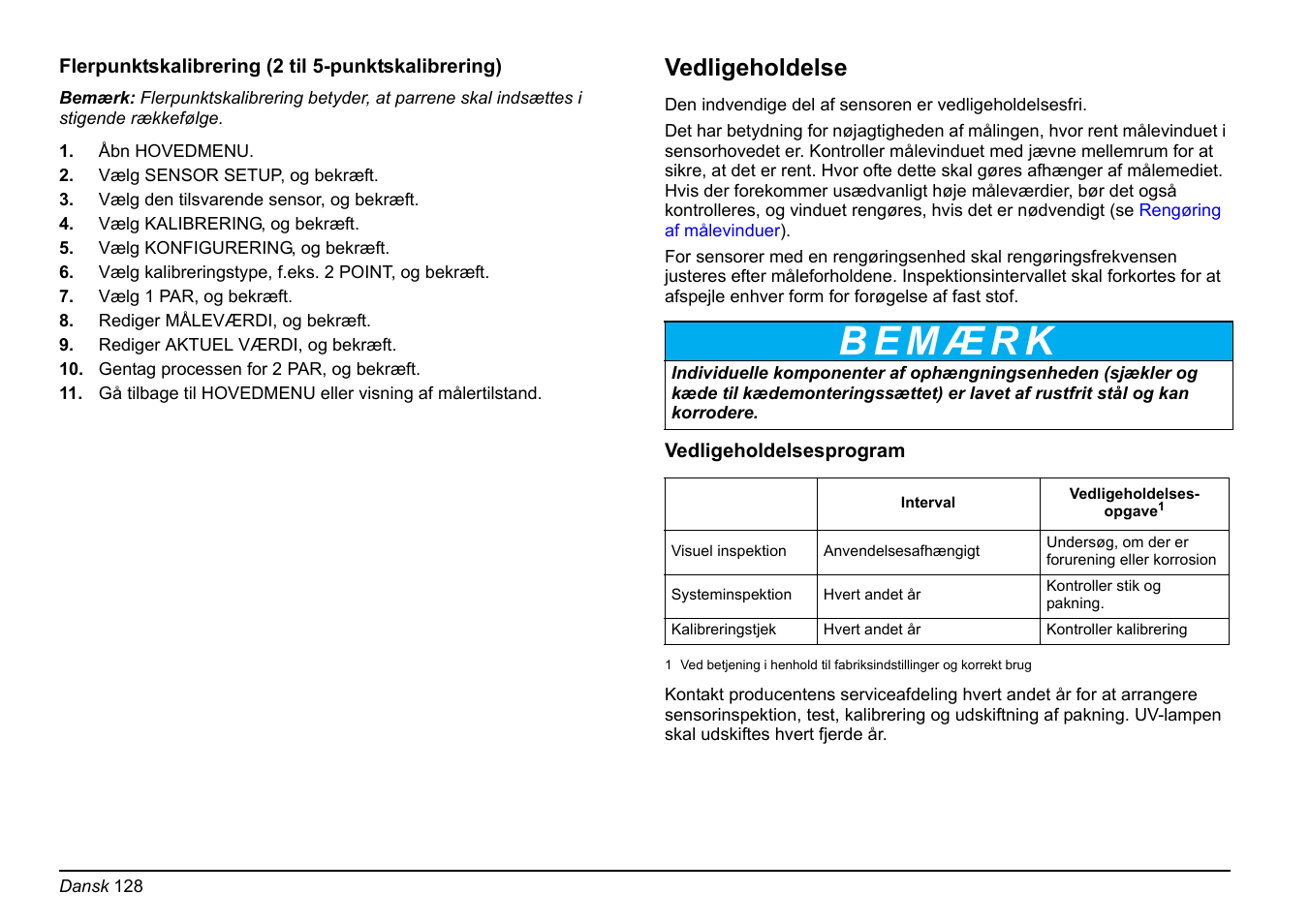 Flerpunktskalibrering (2 til 5, Punktskalibrering) på side 128, Vedligeholdelse | Hach-Lange FP 360 sc Basic User Manual User Manual | Page 128 / 359