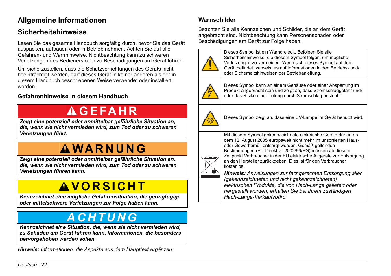 G e fa h r | Hach-Lange FP 360 sc Basic User Manual User Manual | Page 22 / 359