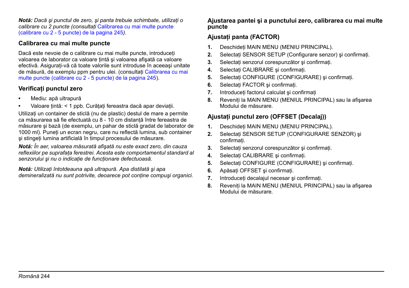 Verificaţi punctul, Ajustaţi punctul zero, Ajustaţi panta (factor) | Hach-Lange FP 360 sc Basic User Manual User Manual | Page 244 / 359