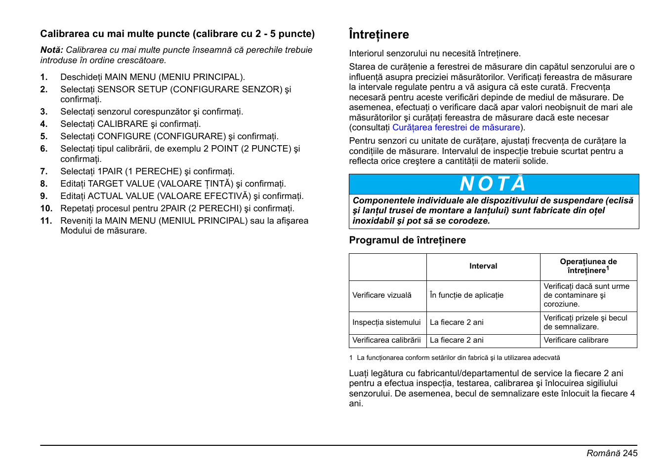 Calibrarea cu mai multe puncte, Calibrarea cu mai, N o t ă | Întreţinere | Hach-Lange FP 360 sc Basic User Manual User Manual | Page 245 / 359