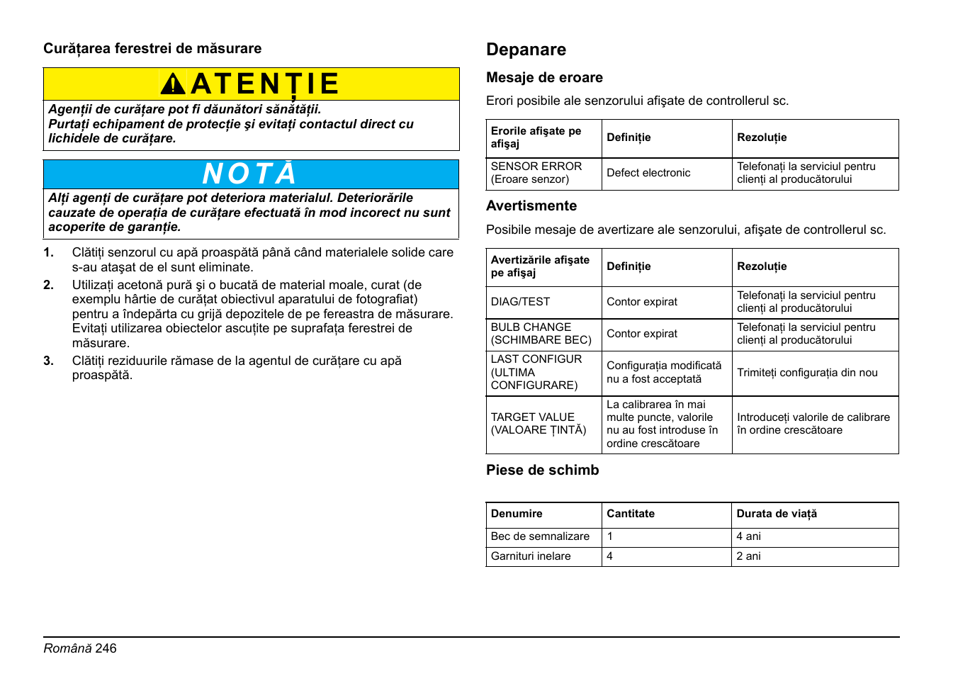 N o t ă, Depanare | Hach-Lange FP 360 sc Basic User Manual User Manual | Page 246 / 359