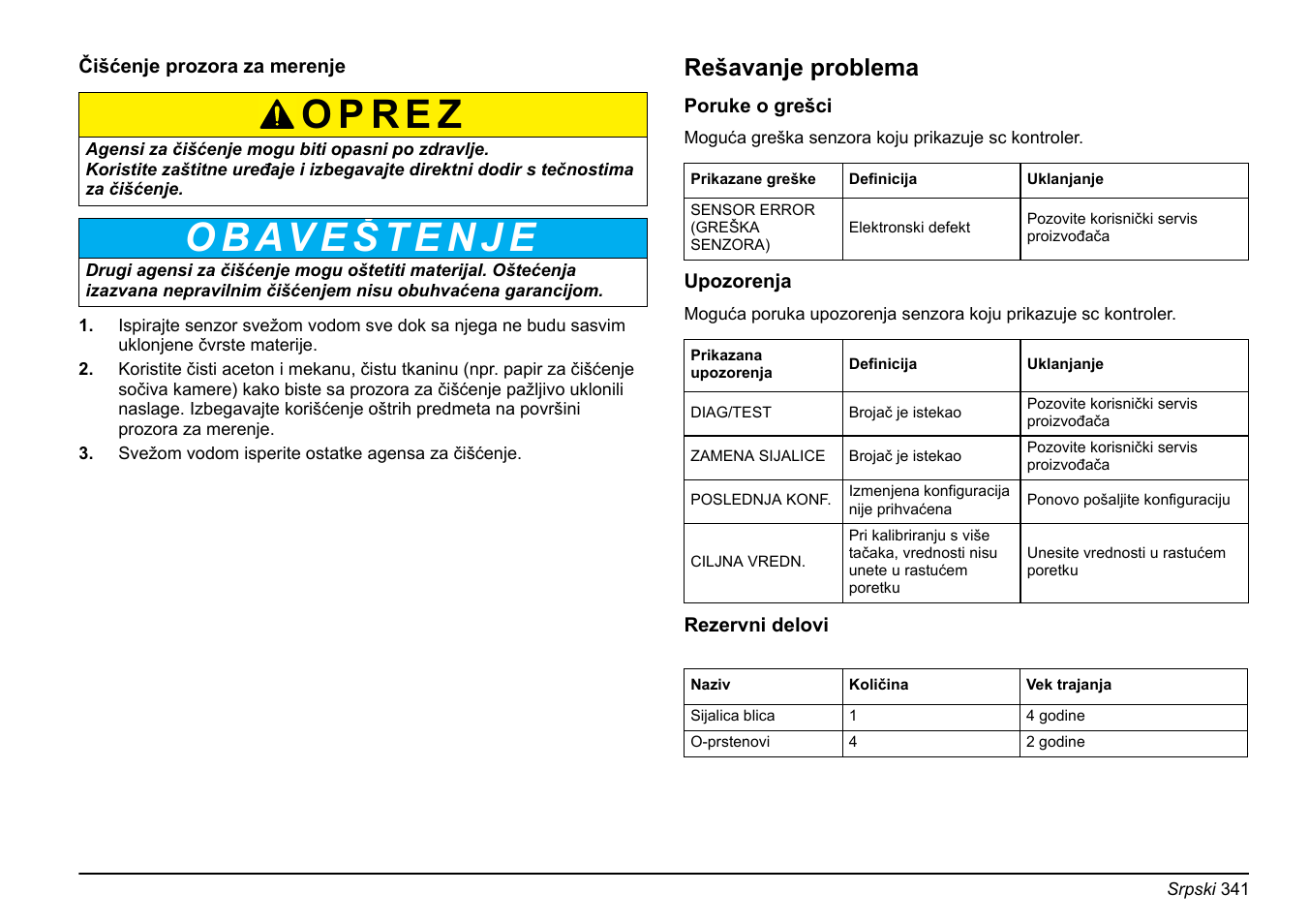 Rešavanje problema na stranici 341, Rešavanje problema | Hach-Lange FP 360 sc Basic User Manual User Manual | Page 341 / 359