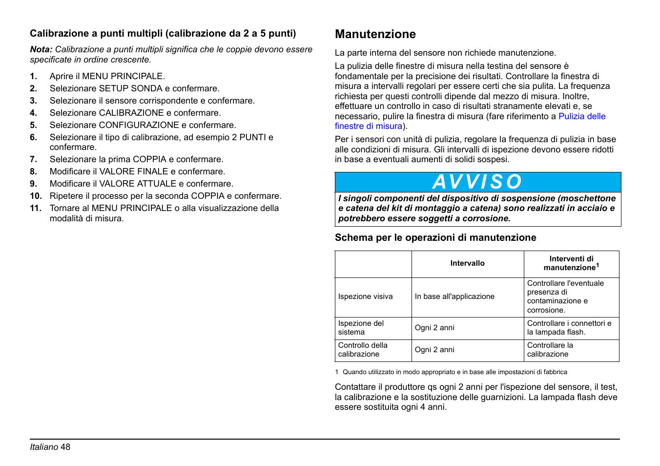 Calibrazione a punti multipli, Manutenzione | Hach-Lange FP 360 sc Basic User Manual User Manual | Page 48 / 359