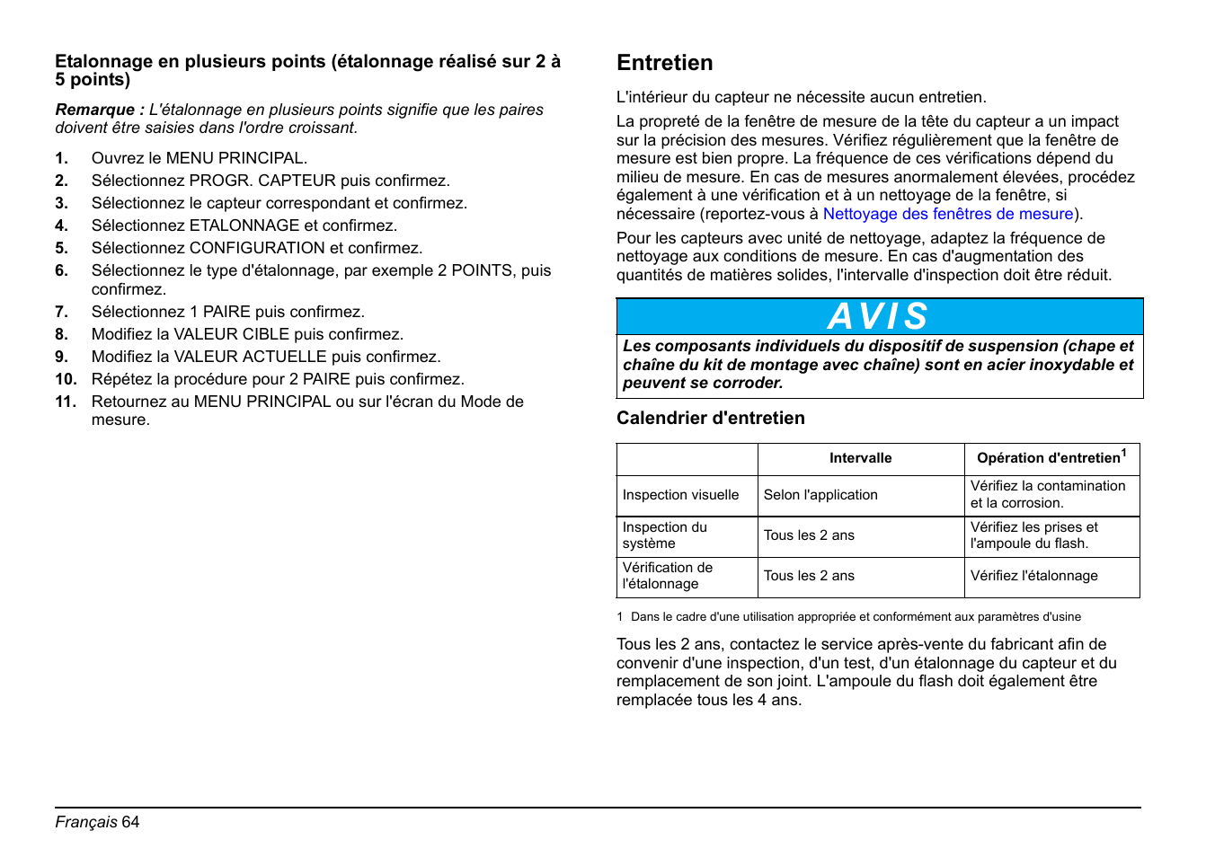 Etalonnage en, Etalonnage, Av i s | Entretien | Hach-Lange FP 360 sc Basic User Manual User Manual | Page 64 / 359