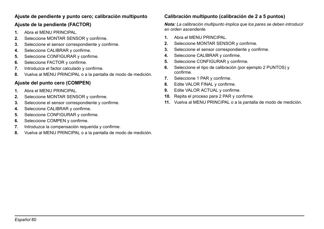 Ajuste del, Sulte, Ajuste de la | Consulte, Calibración multipunto (calibración de 2, Onsulte, Calibración multipunto (calibración | Hach-Lange FP 360 sc Basic User Manual User Manual | Page 80 / 359
