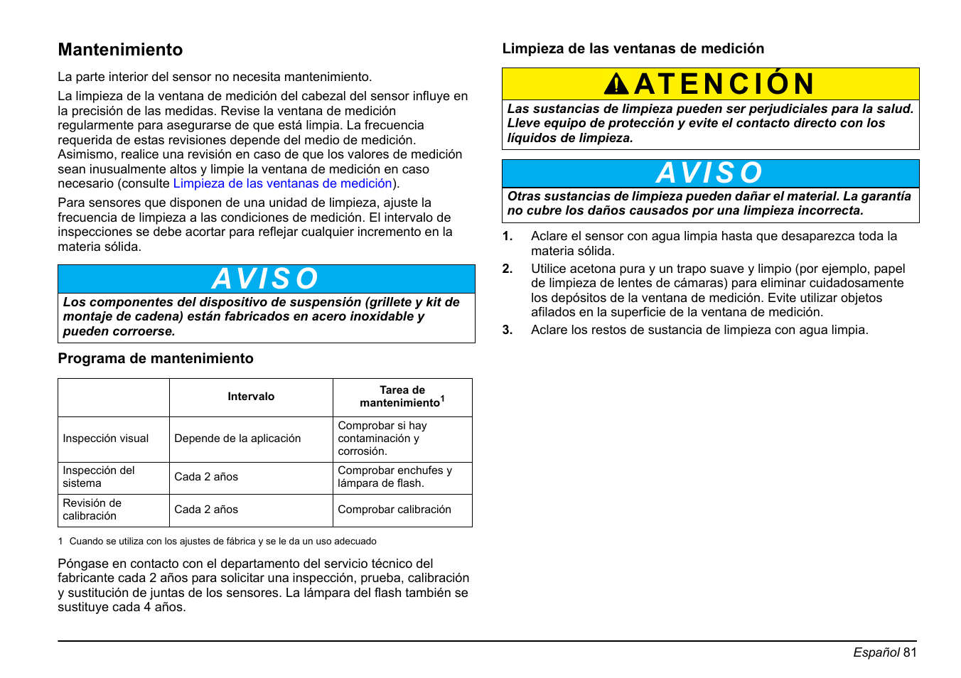 Av i s o, Mantenimiento | Hach-Lange FP 360 sc Basic User Manual User Manual | Page 81 / 359