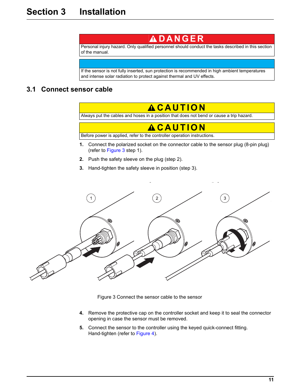 Section 3 installation, 1 connect sensor cable | Hach-Lange FP 360 sc User Manual User Manual | Page 11 / 36