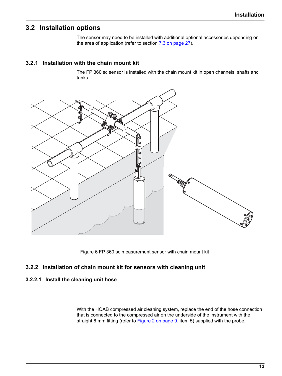 2 installation options, 1 installation with the chain mount kit, 1 install the cleaning unit hose | Hach-Lange FP 360 sc User Manual User Manual | Page 13 / 36