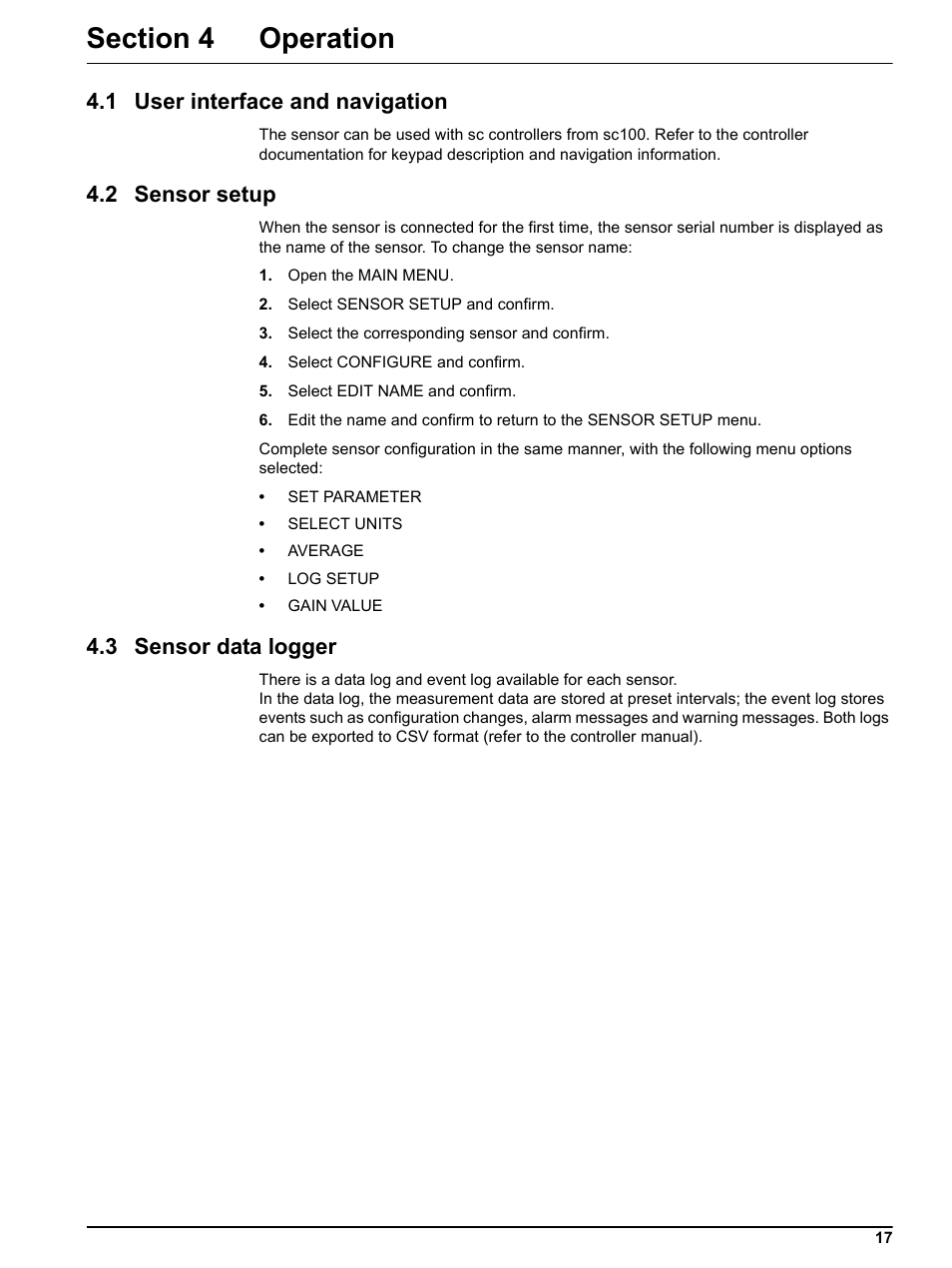 Section 4 operation, 1 user interface and navigation, 2 sensor setup | 3 sensor data logger | Hach-Lange FP 360 sc User Manual User Manual | Page 17 / 36