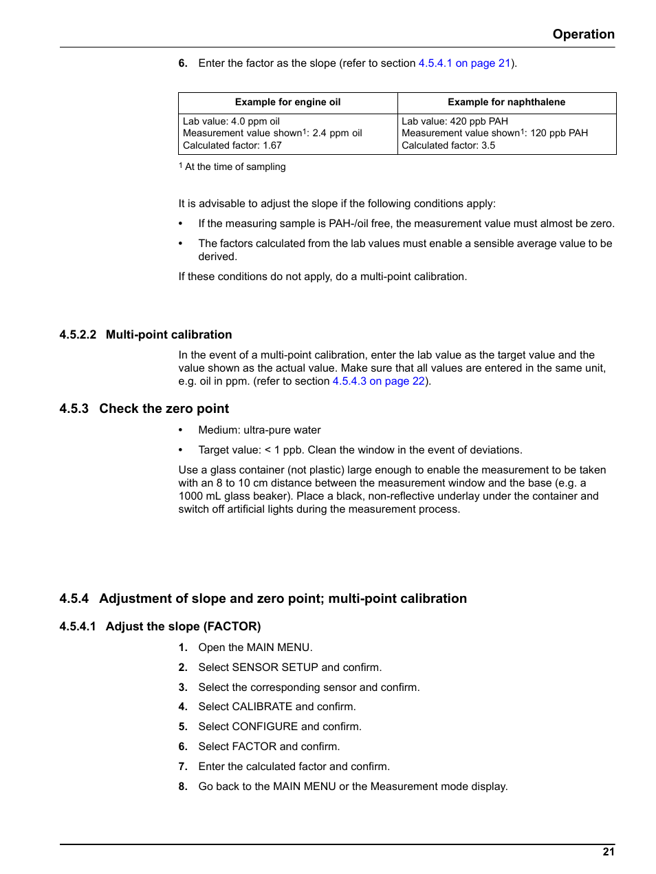 2 multi-point calibration, 3 check the zero point, 1 adjust the slope (factor) | Operation | Hach-Lange FP 360 sc User Manual User Manual | Page 21 / 36