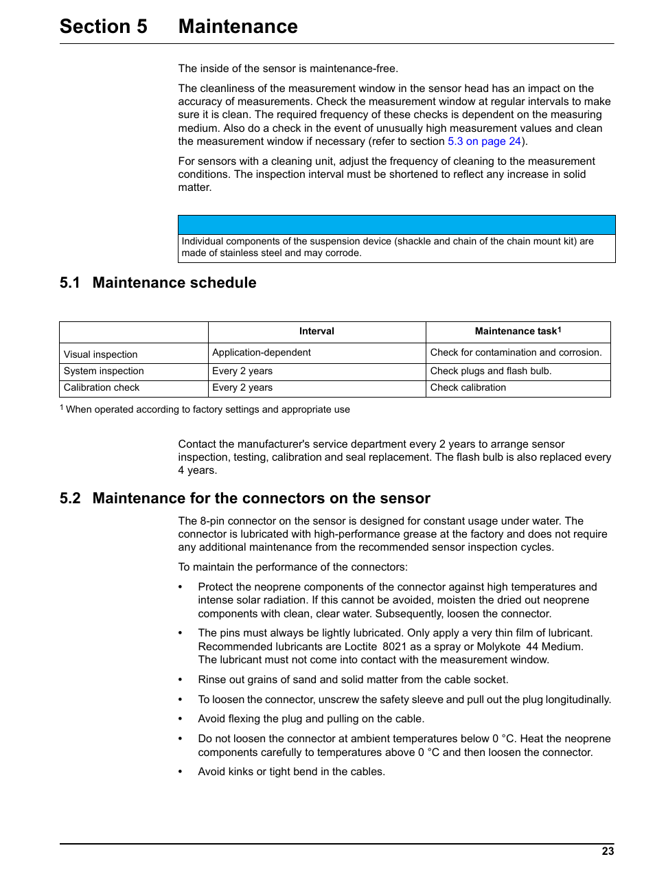 Section 5 maintenance, 1 maintenance schedule, 2 maintenance for the connectors on the sensor | Hach-Lange FP 360 sc User Manual User Manual | Page 23 / 36