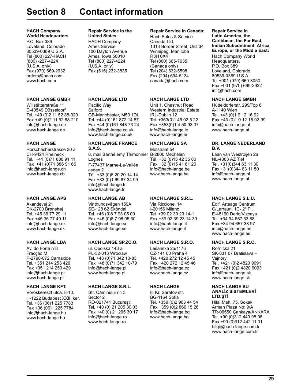 Section 8 contact information | Hach-Lange FP 360 sc User Manual User Manual | Page 29 / 36