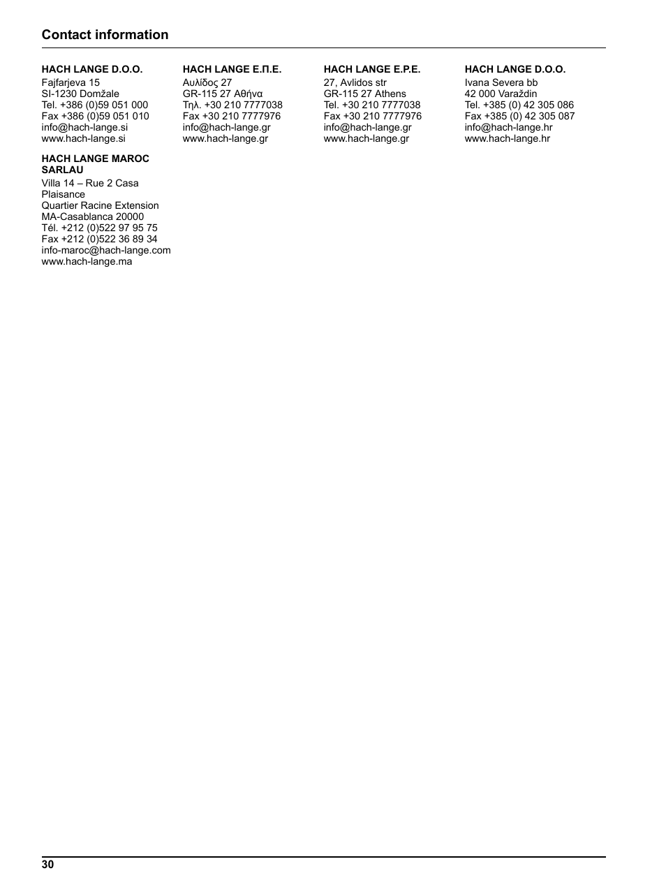 Contact information | Hach-Lange FP 360 sc User Manual User Manual | Page 30 / 36