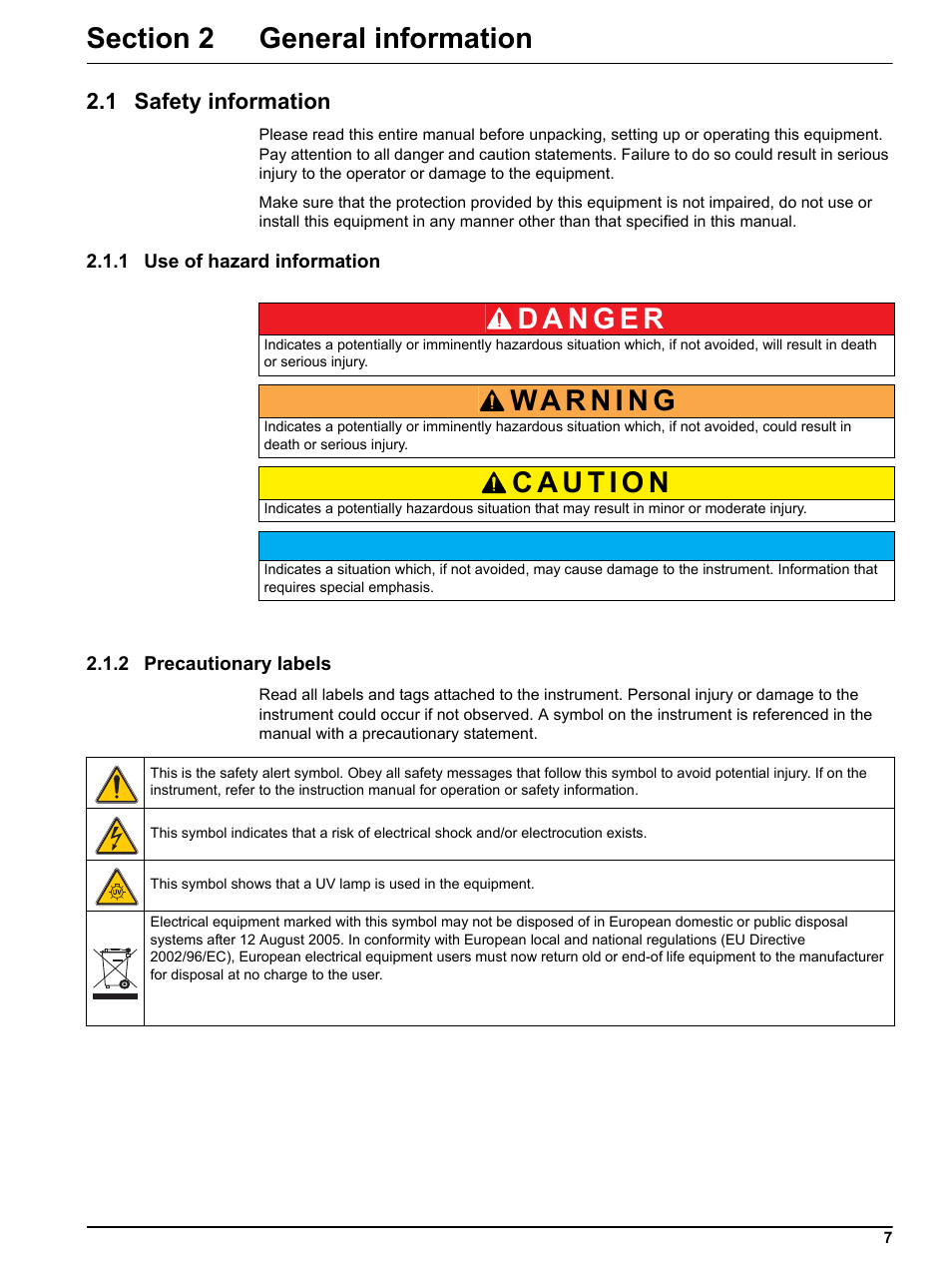 Section 2 general information, 1 safety information, 1 use of hazard information | 2 precautionary labels | Hach-Lange FP 360 sc User Manual User Manual | Page 7 / 36