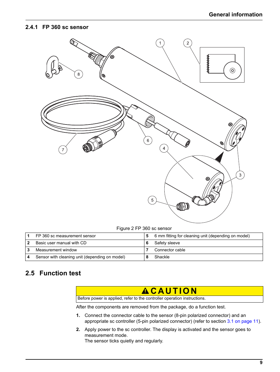 1 fp 360 sc sensor, 5 function test | Hach-Lange FP 360 sc User Manual User Manual | Page 9 / 36