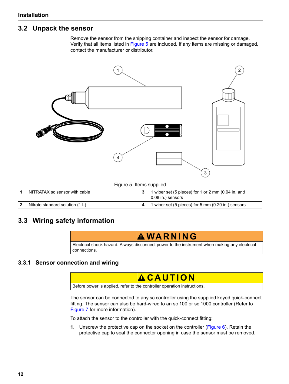 2 unpack the sensor, 3 wiring safety information, 1 sensor connection and wiring | 2 unpack the sensor 3.3 wiring safety information | Hach-Lange NITRATAX sc User Manual | Page 14 / 42