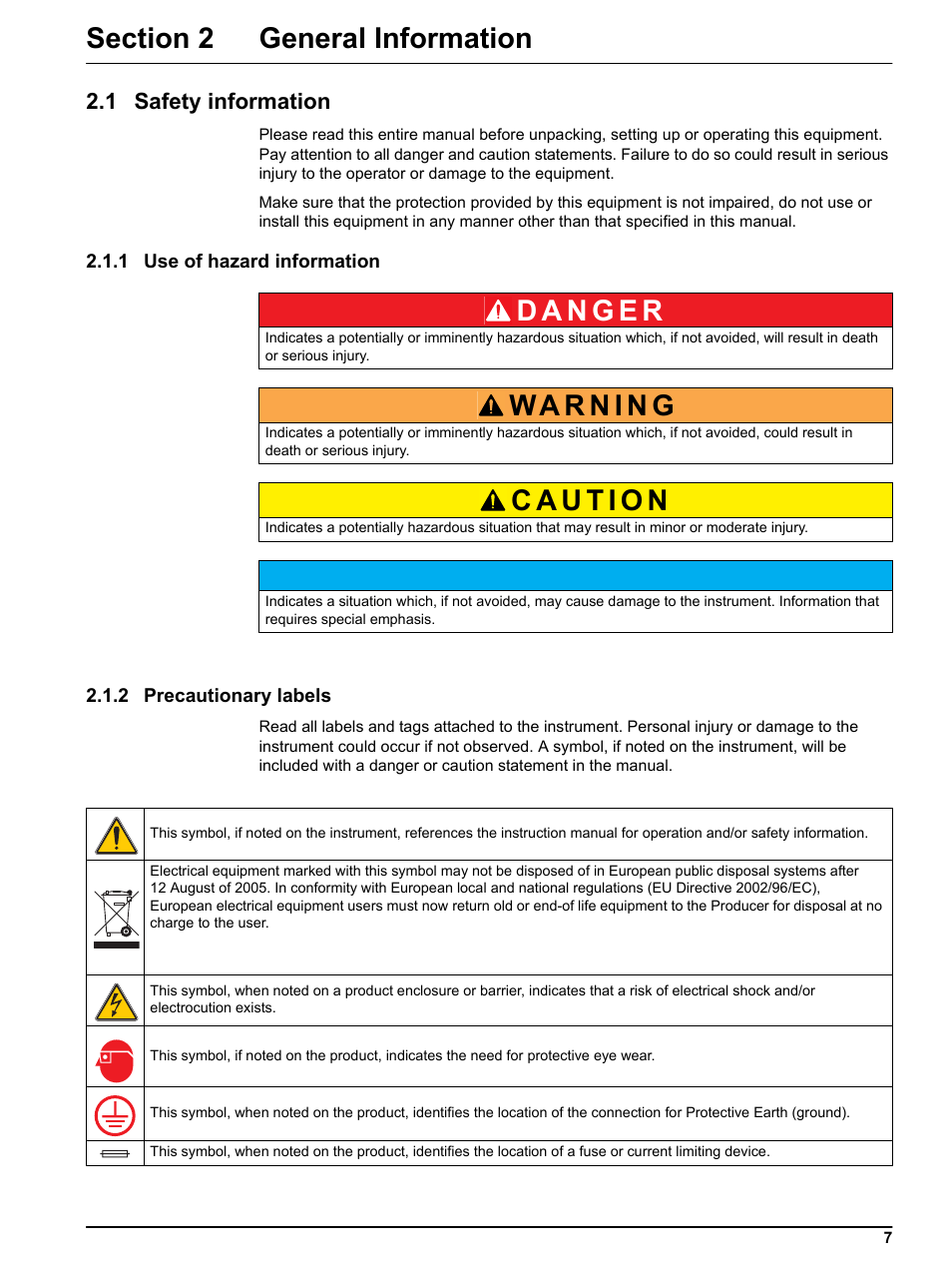 Section 2 general information, 1 safety information, 1 use of hazard information | 2 precautionary labels | Hach-Lange NITRATAX sc User Manual | Page 9 / 42