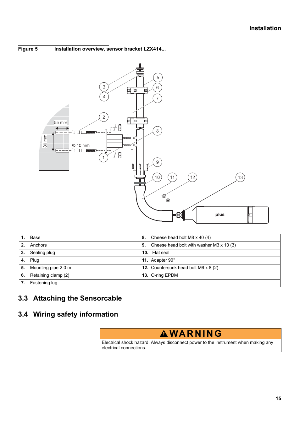 3 attaching the sensorcable, 4 wiring safety information, Installation | Hach-Lange UVAS sc User Manual | Page 15 / 40