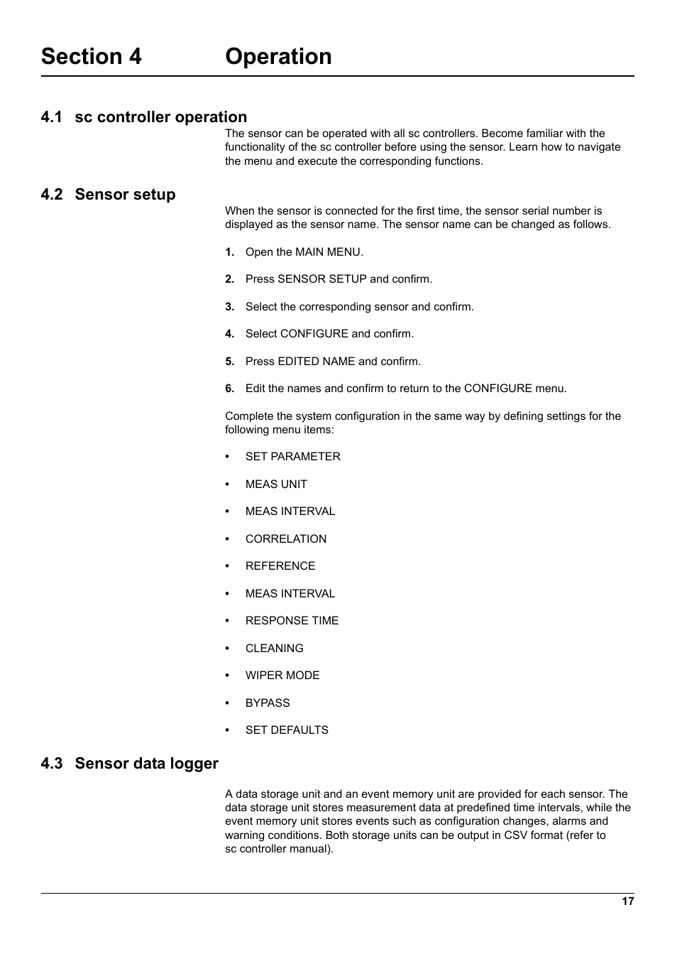 Section 4 operation, 1 sc controller operation, 2 sensor setup | 3 sensor data logger | Hach-Lange UVAS sc User Manual | Page 17 / 40