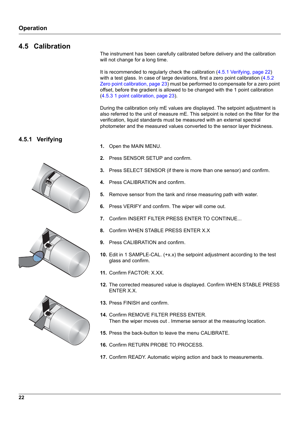 5 calibration, 1 verifying, Operation | Hach-Lange UVAS sc User Manual | Page 22 / 40