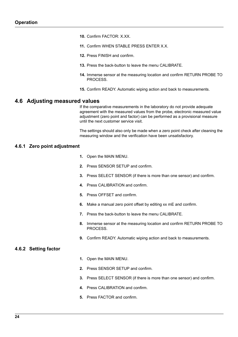 6 adjusting measured values, 1 zero point adjustment, 2 setting factor | 1 zero point adjustment 4.6.2 setting factor, 1 zero point | Hach-Lange UVAS sc User Manual | Page 24 / 40