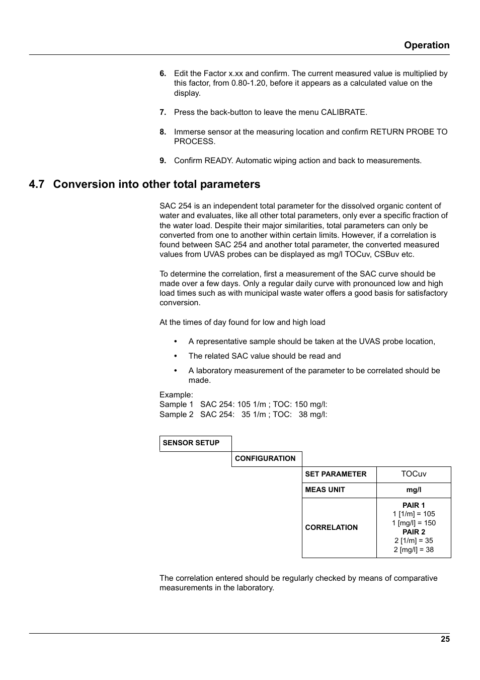 7 conversion into other total parameters, Operation | Hach-Lange UVAS sc User Manual | Page 25 / 40