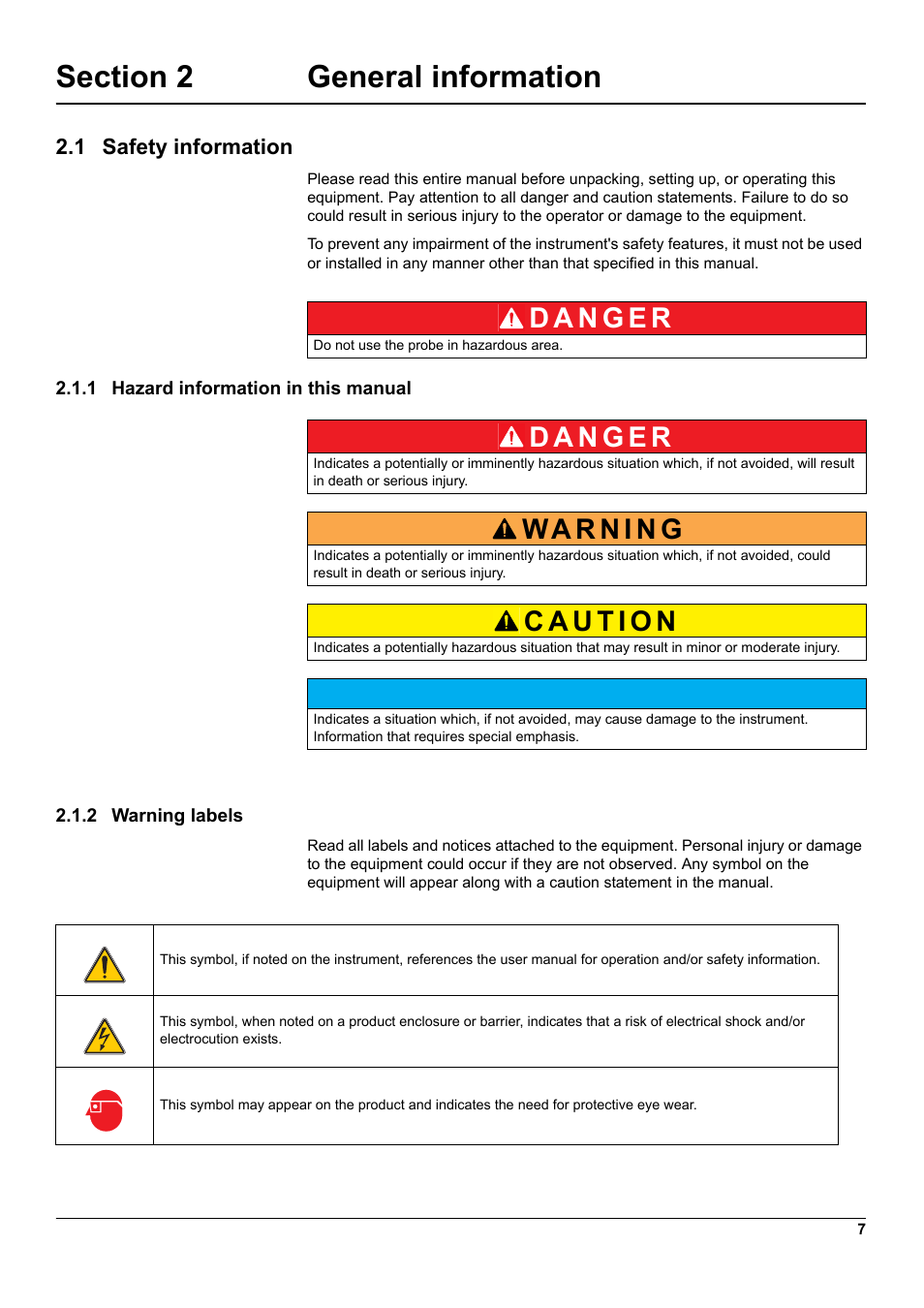 Section 2 general information, 1 safety information, 1 hazard information in this manual | 2 warning labels | Hach-Lange UVAS sc User Manual | Page 7 / 40