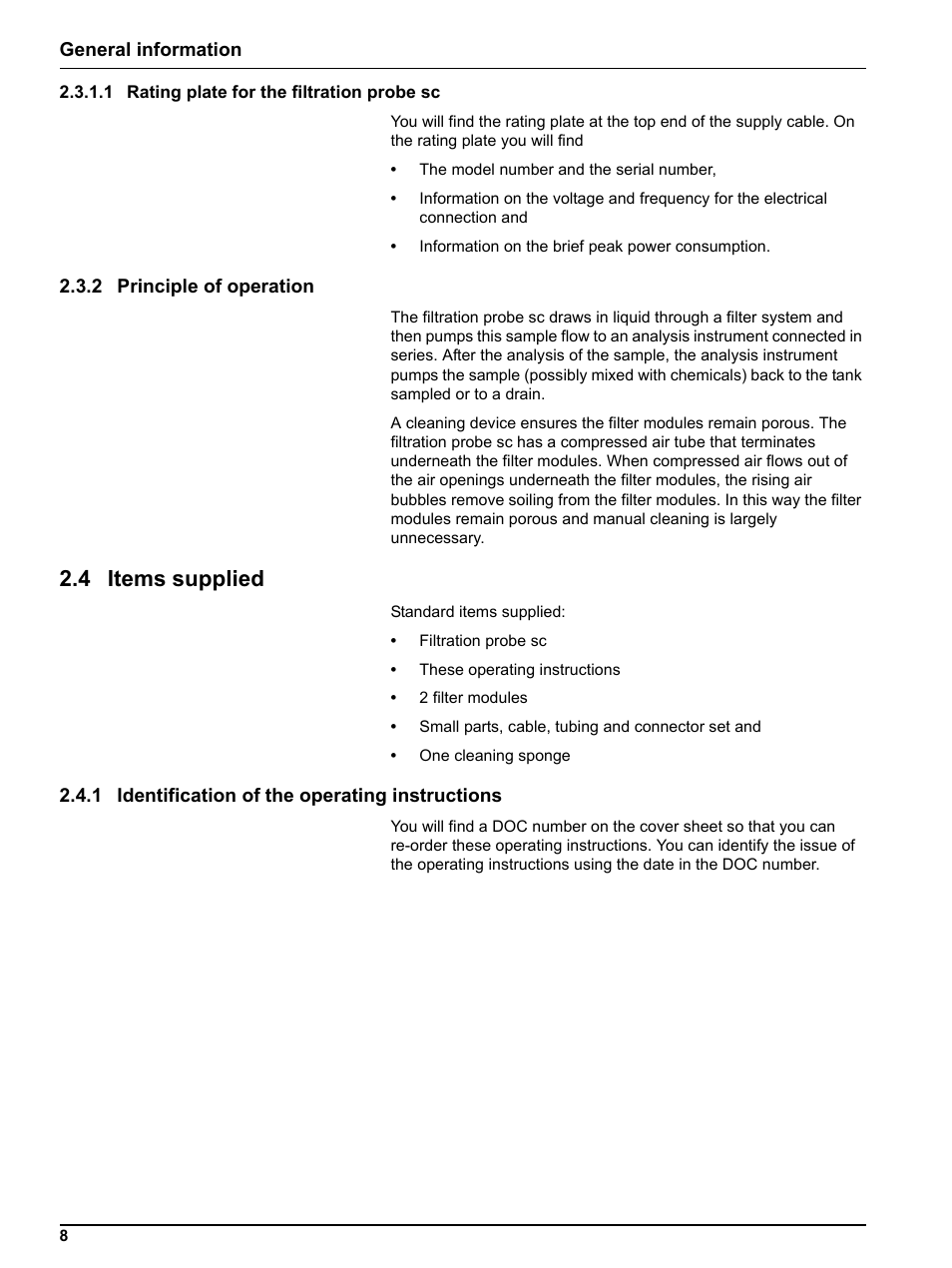 2 principle of operation, 4 items supplied, 1 identification of the operating instructions | Hach-Lange Filter probe sc User Manual | Page 10 / 46