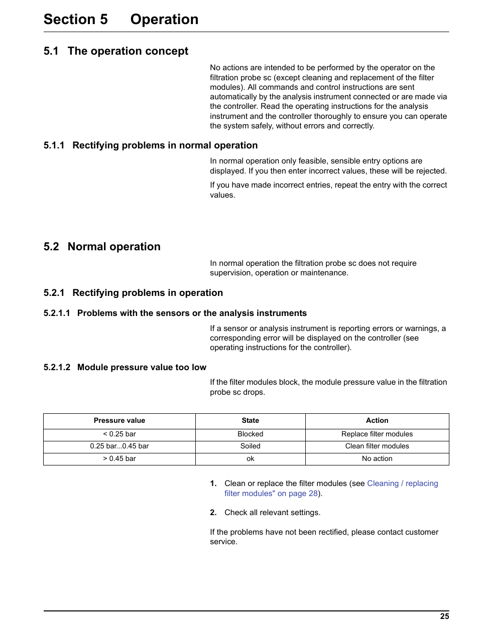 Section 5 operation, 1 the operation concept, 1 rectifying problems in normal operation | 2 normal operation, 1 rectifying problems in operation | Hach-Lange Filter probe sc User Manual | Page 27 / 46